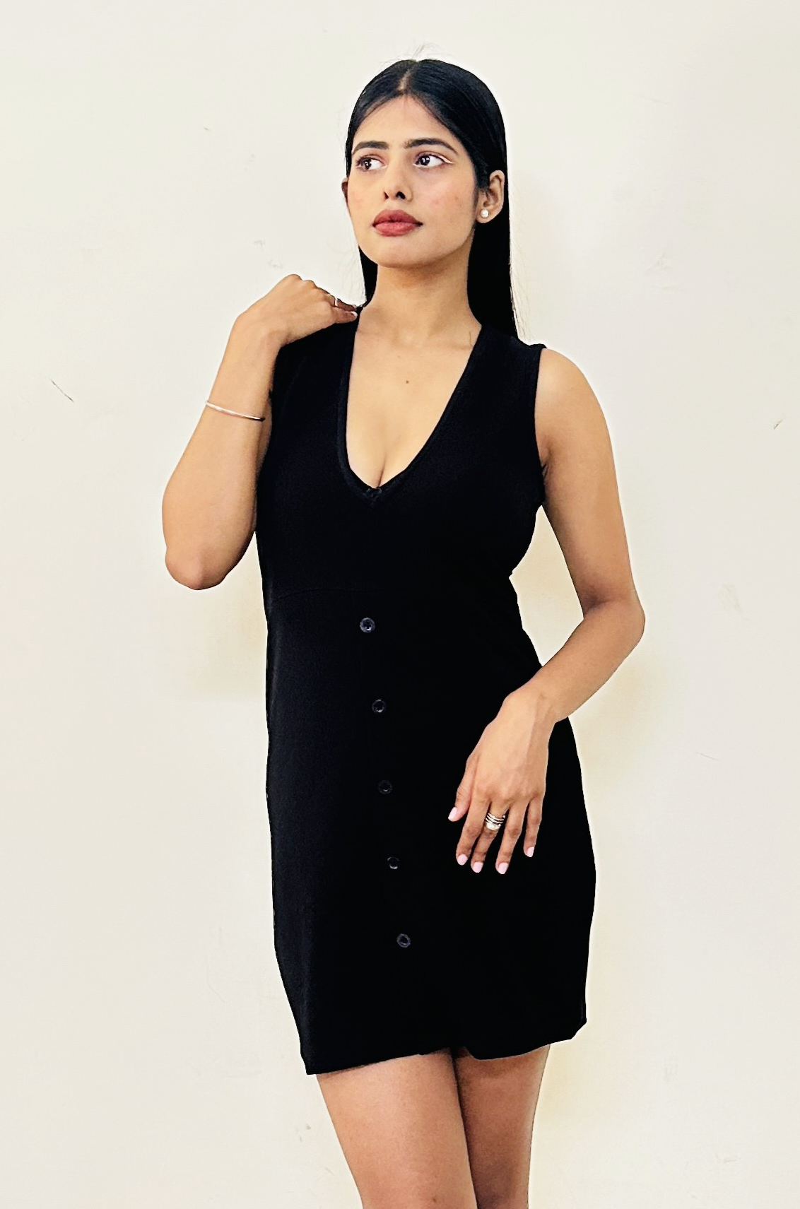 Deep Neck Black Bodycon Dress