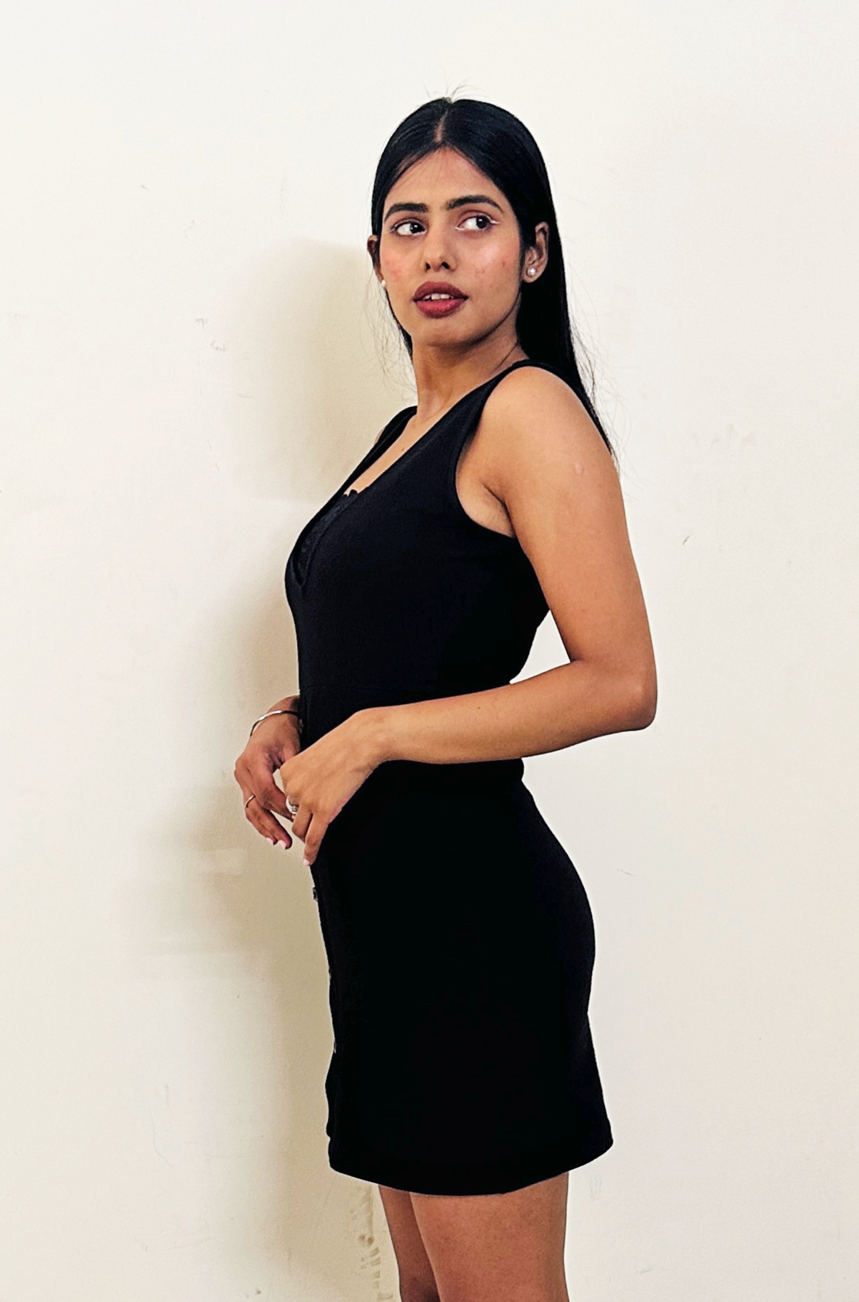 Deep Neck Black Bodycon Dress