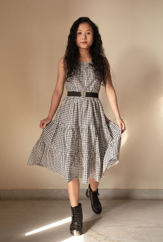 Check Print Fit & Flare Dress (with belt)