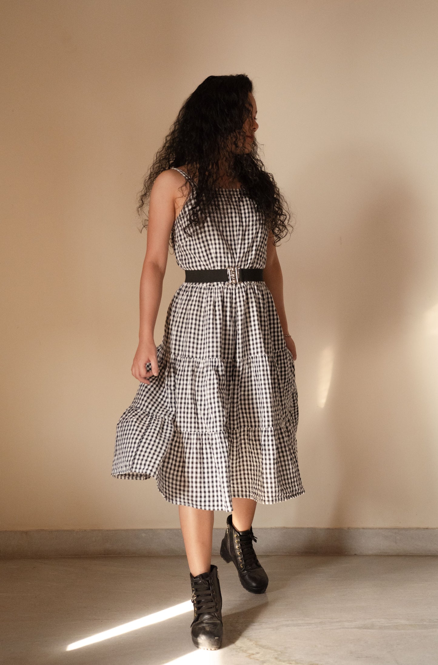 Check Print Fit & Flare Dress (with belt)