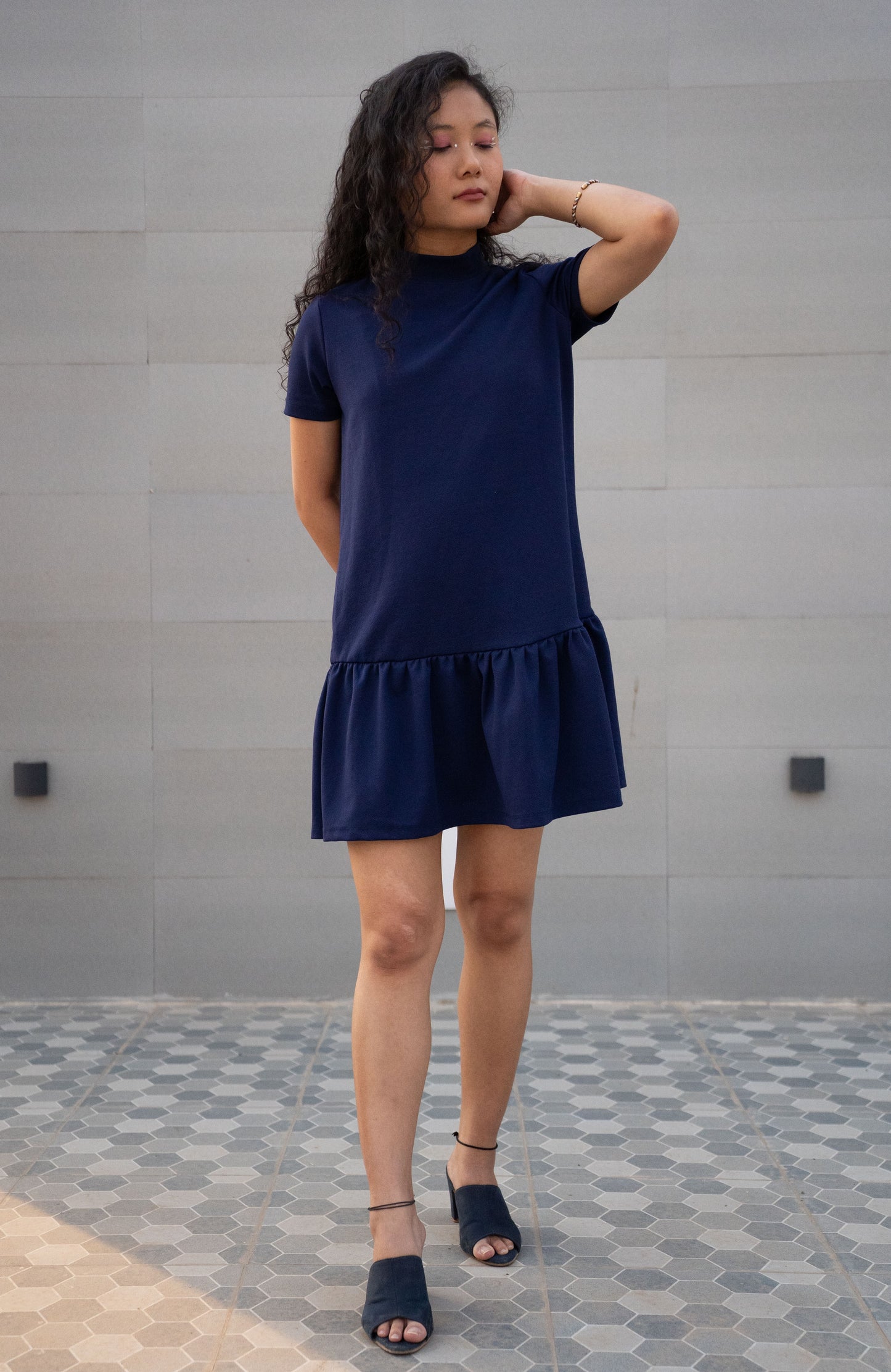 Royal Blue A line Dress with Ruffled hem