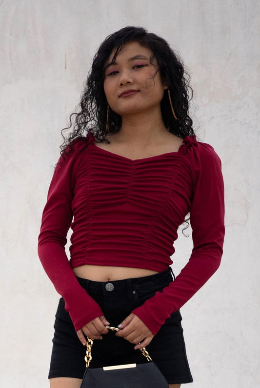 Solid Red Fitted Top with Bell Sleeves