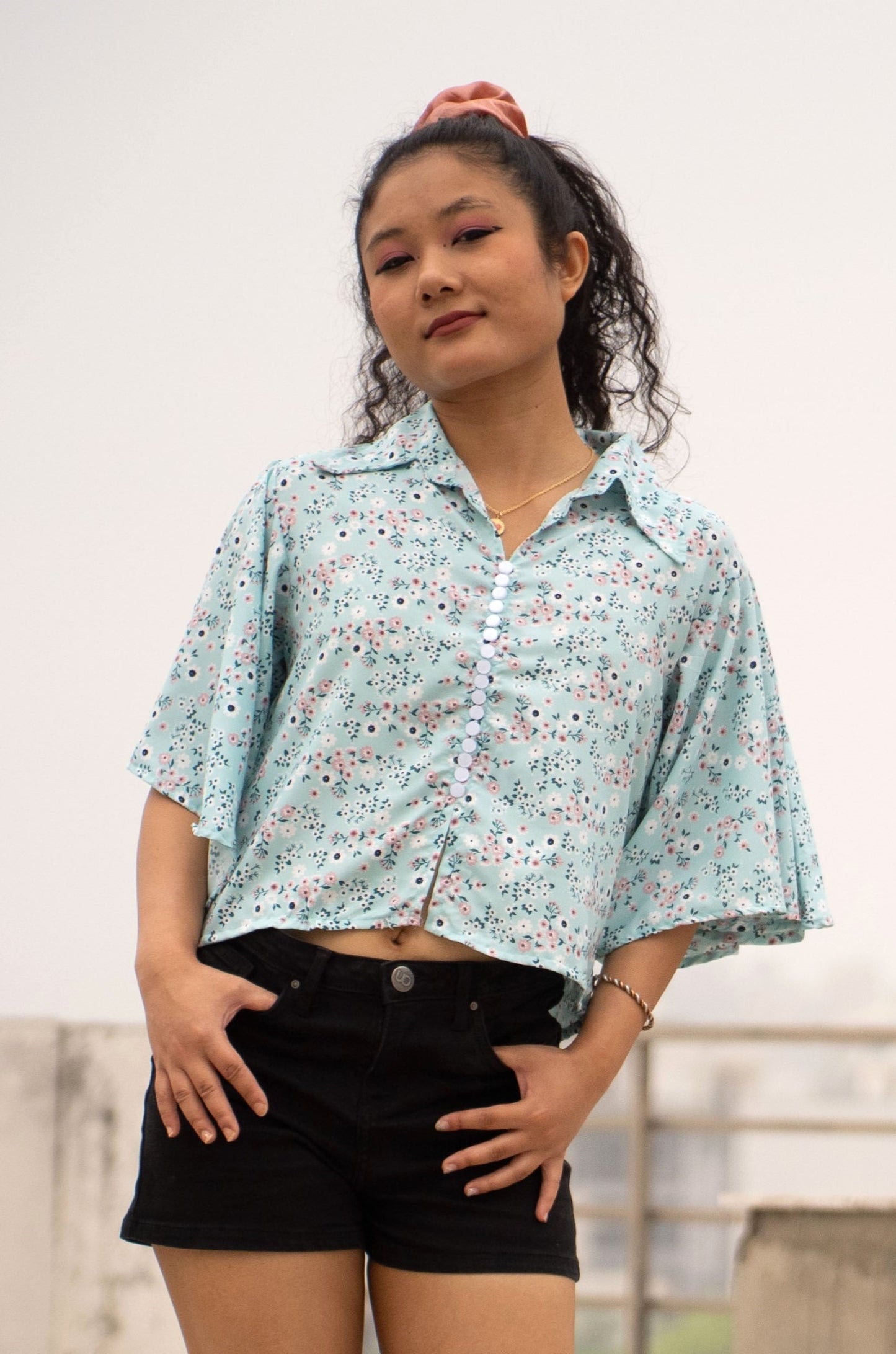 Floral Print Top with Flared Sleeves