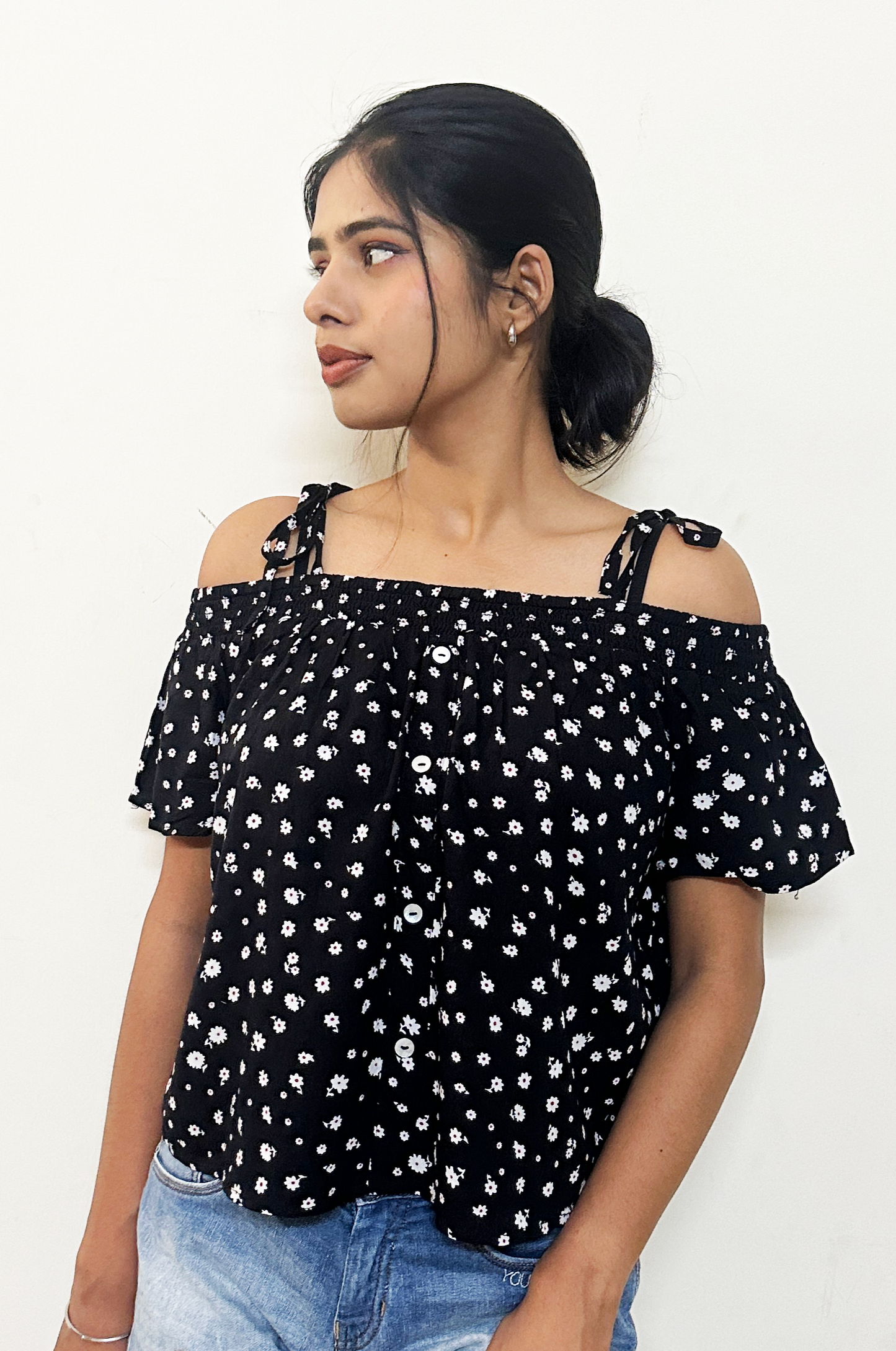 Black Printed off shoulder top