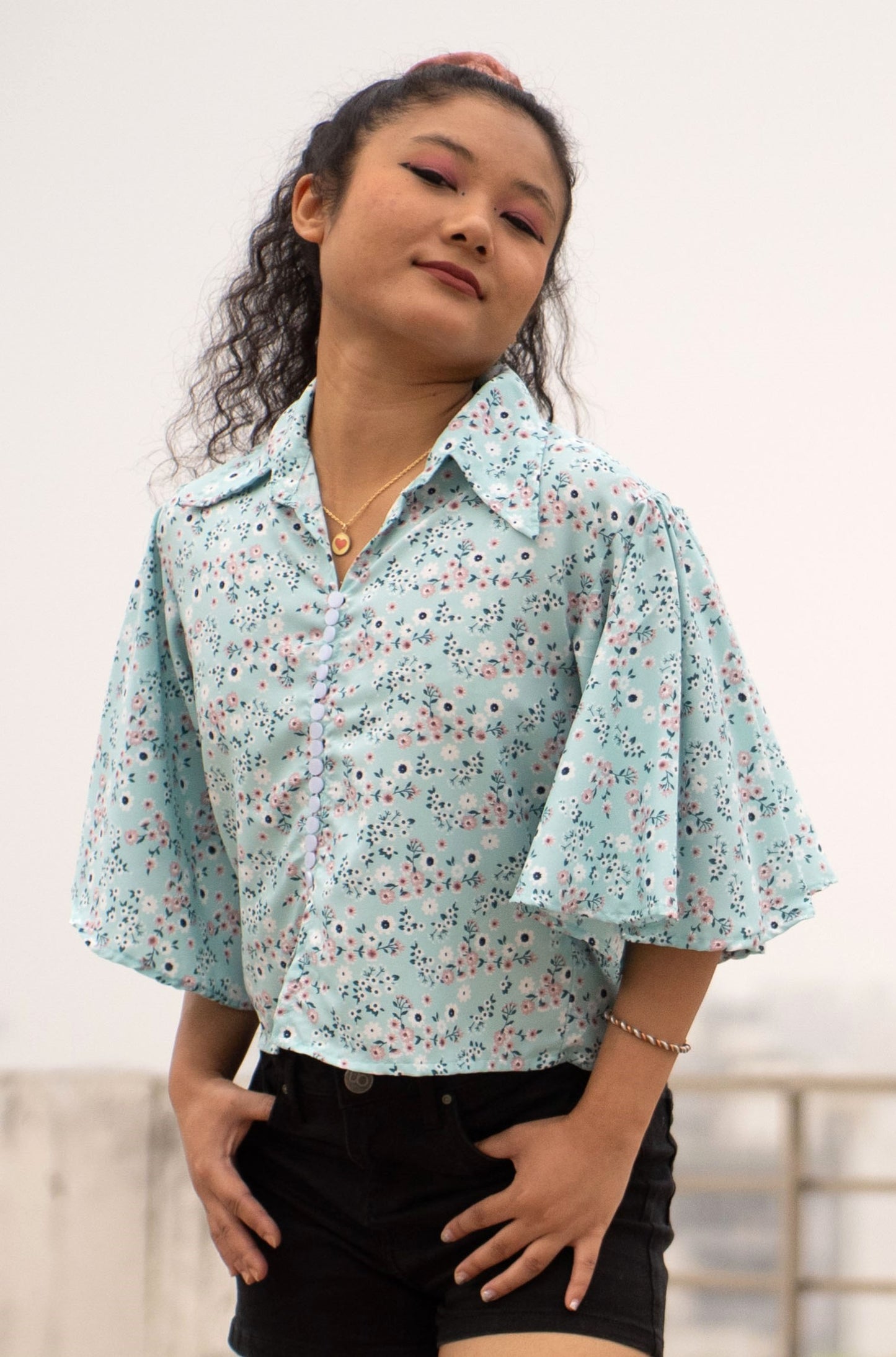 Floral Print Top with Flared Sleeves